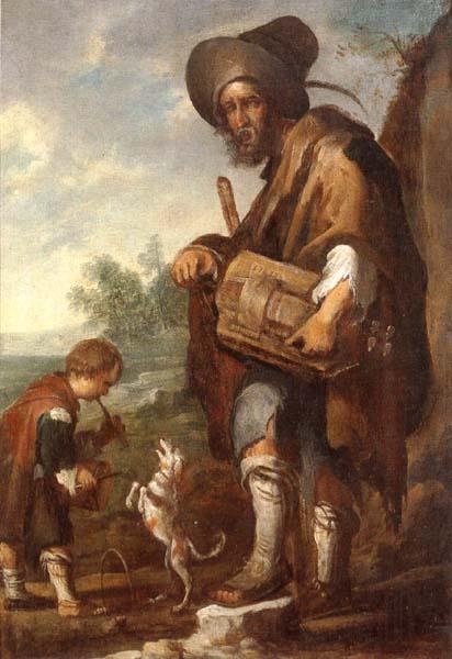 unknow artist A Blind man playing a hurdy-gurdy,together with a young boy playing the drums,with a dancing dog Spain oil painting art